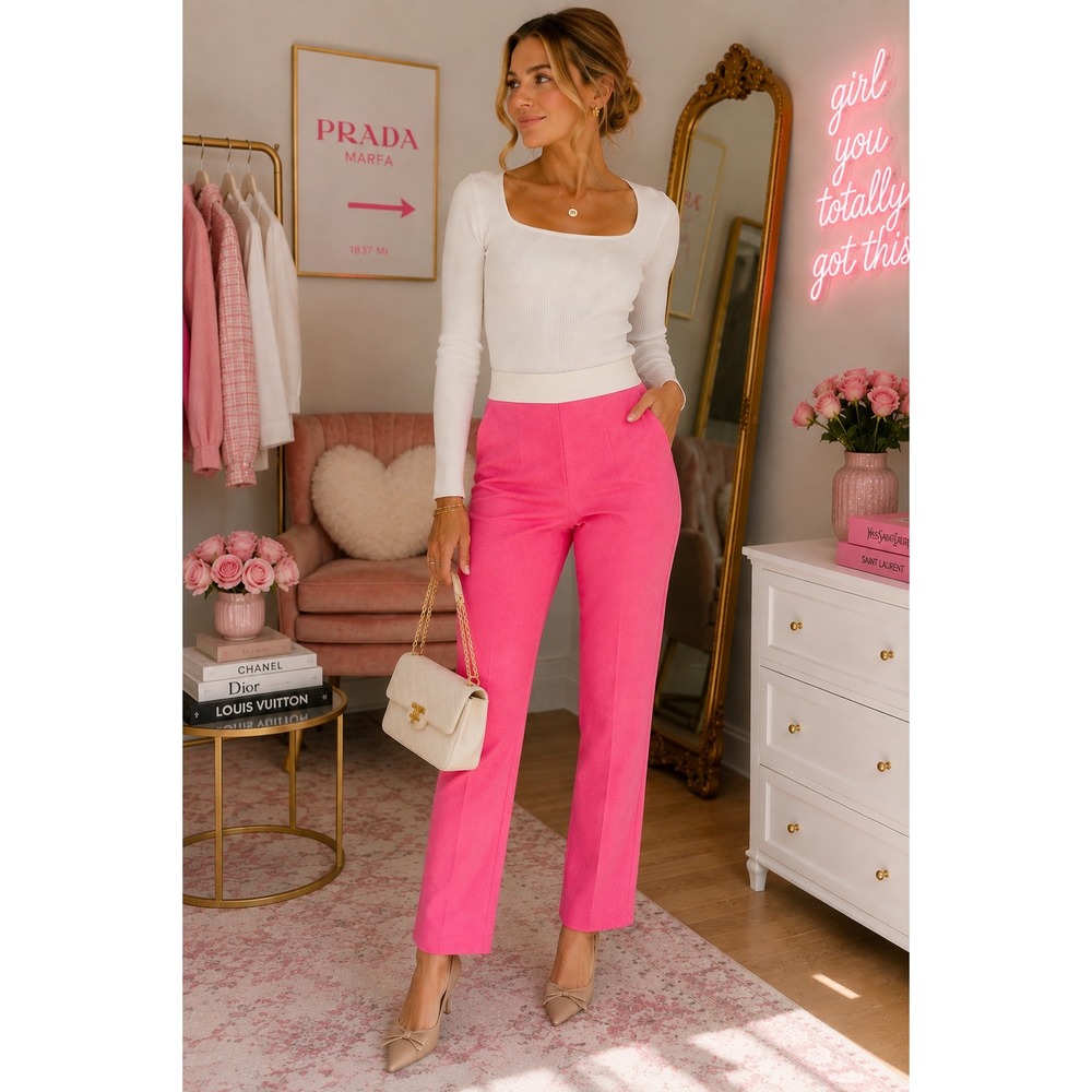 Women 6 Hot Pink Pants Barbiecore Coquette Girlhoodcore Y2K Slim Straight Leg